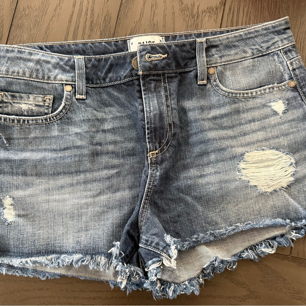 PAIGE Light and Dark Blue Two-Tone Denim Shorts - Picture 2 of 6
